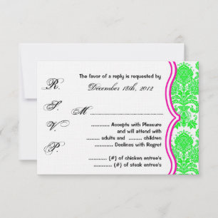 Cartão RSVP 3x5 R.S.V.P. Lace do Damask do Pino Verde Neon Car