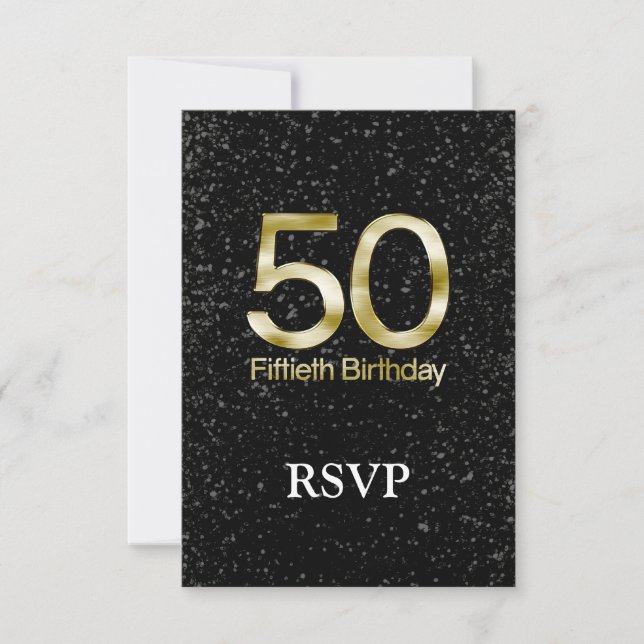 Cartão RSVP 50º aniversário, Gelão Dourado Elegante Preto (Frente)