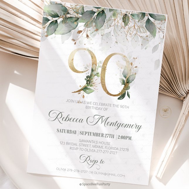 Cartão RSVP 90th birthday Elegant Milestone invitation (90th birthday invitation, editable sage green invitation, elegant floral design,  year old brunch, 9)
