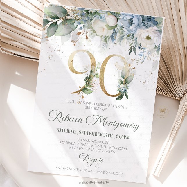 Cartão RSVP 90th birthday Elegant Milestone invitation (90th birthday invitation, editable sage green invitation, elegant floral design,  year old brunch, 9)