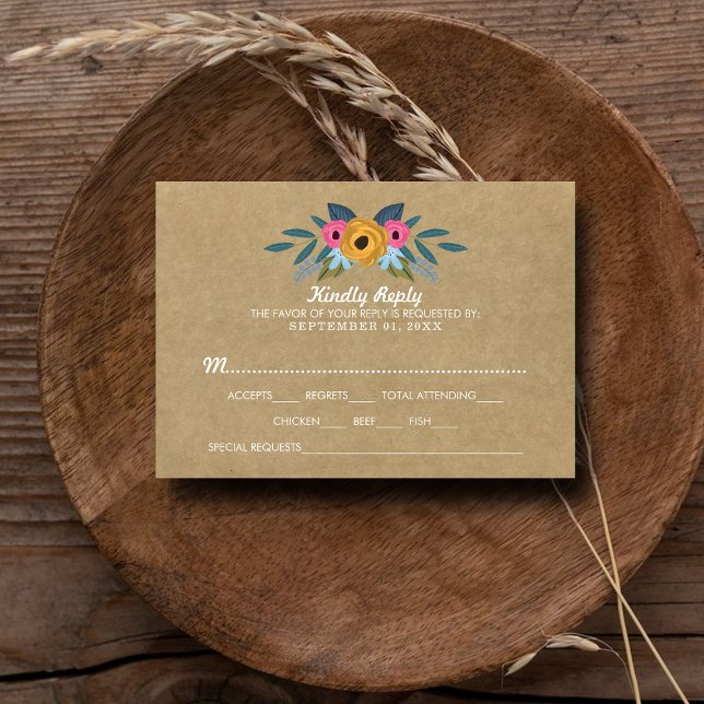 Cartão RSVP A Coleção de Casamentos Florais do Kraft Rustic Kr (Criador carregado)