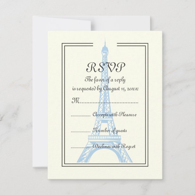 Cartão RSVP A Torre Eiffel azul de casamento de Paris em cartã (Frente)