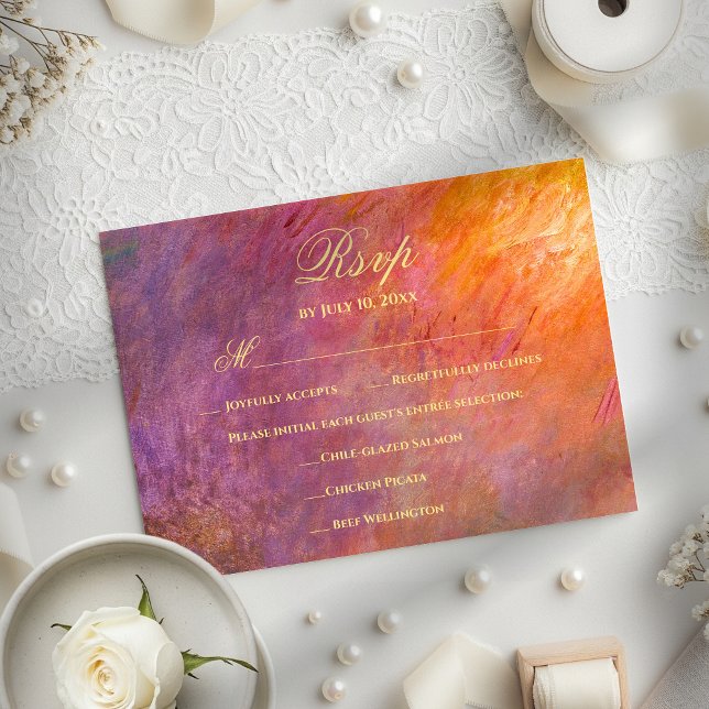 Cartão RSVP Abstract Sunset Sky Orange Purple Art Wedding Meal (Criador carregado)