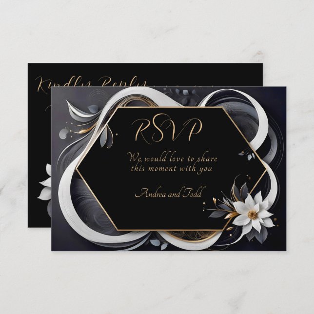 Cartão RSVP Abstrato, casamento elegante, branco e ouro modern (Frente/Verso)