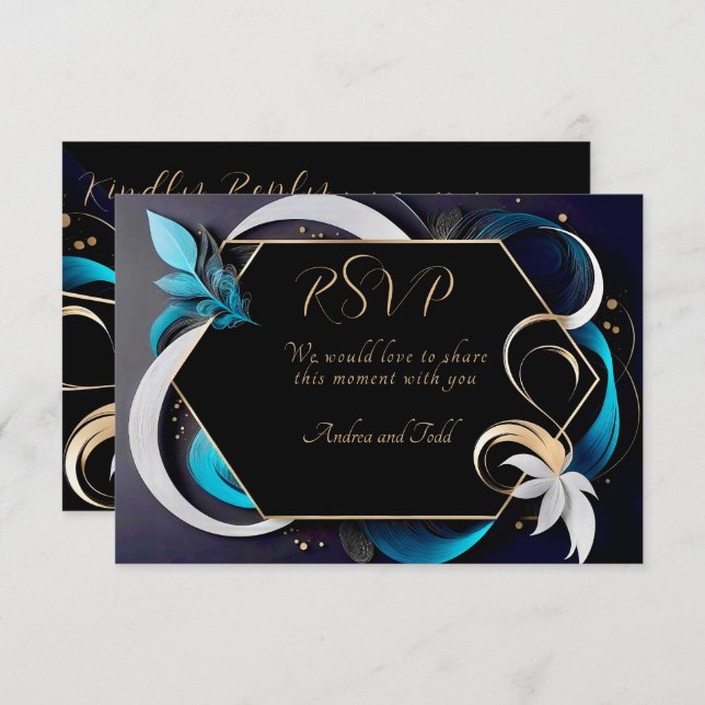 Cartão RSVP Abstrato moderno, casamento elegante, branco, ouro (Frente/Verso)