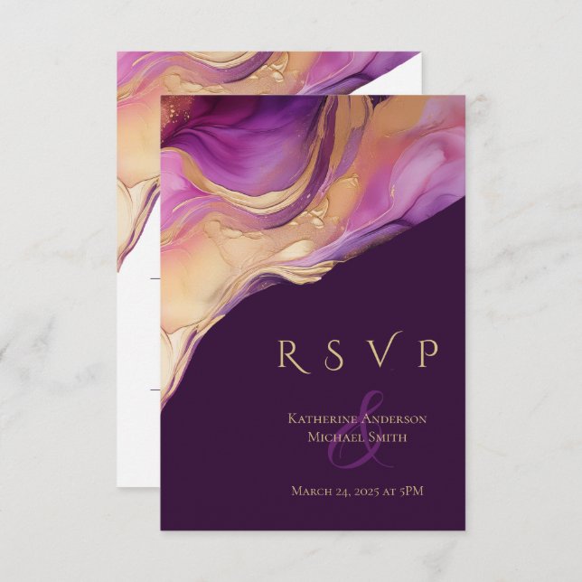 Cartão RSVP Abstrato Roxo e Casamento Elegante Dourado Moderno (Frente/Verso)