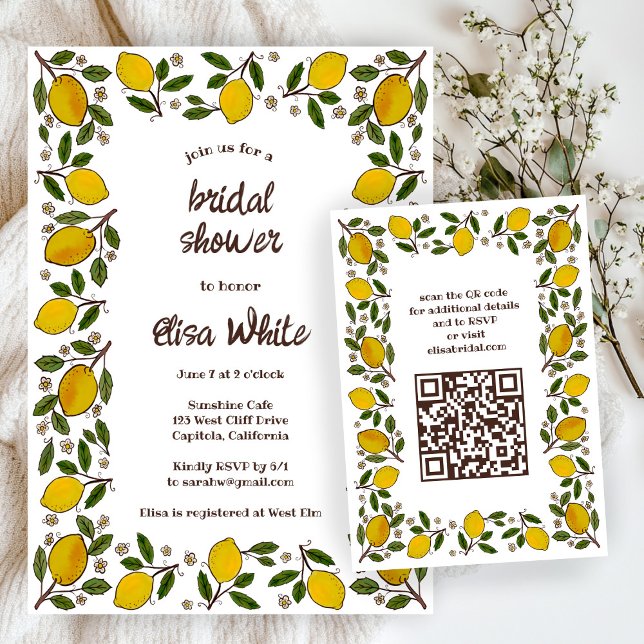 Cartão RSVP Adorável CHÁ DE PANELA de código QR PERSONALIZADO  (Lovely Lemons CUSTOM QR code BRIDAL SHOWER RSVP Card
)