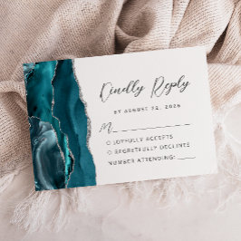 Cartão RSVP Ágata Azul Teal Prata Moderno Casamento Script