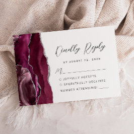 Cartão RSVP Ágata Borgonha Prata Moderno Casamento Script