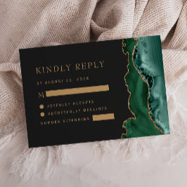 Cartão RSVP Ágata Dourada Verde Esmeralda Casamento Escuro
