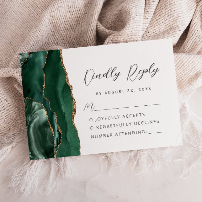Cartão RSVP Agate Emerald Green Gold Modern Script Wedding (Criador carregado)