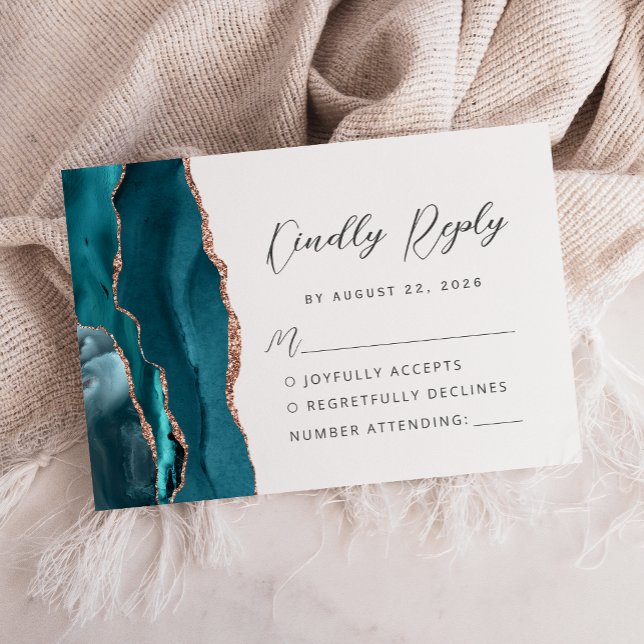 Cartão RSVP Agate Teal Rose Gold Modern Script Wedding (Criador carregado)