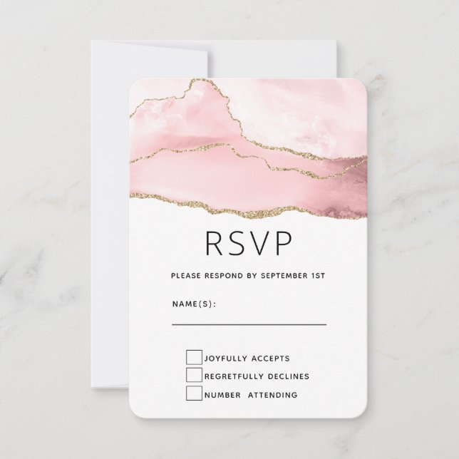 Cartão RSVP Agato de Blush Rosa com Casamento Elegante de Fita (Frente)