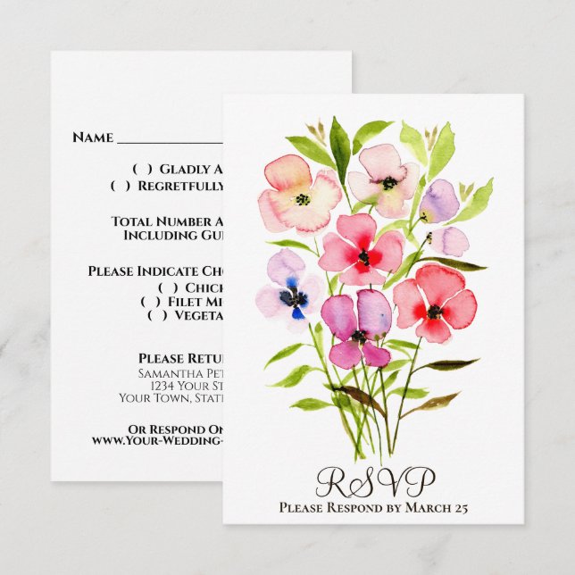 Cartão RSVP Alegres Penseiras e Flores Silvestres aquareladas  (Frente/Verso)