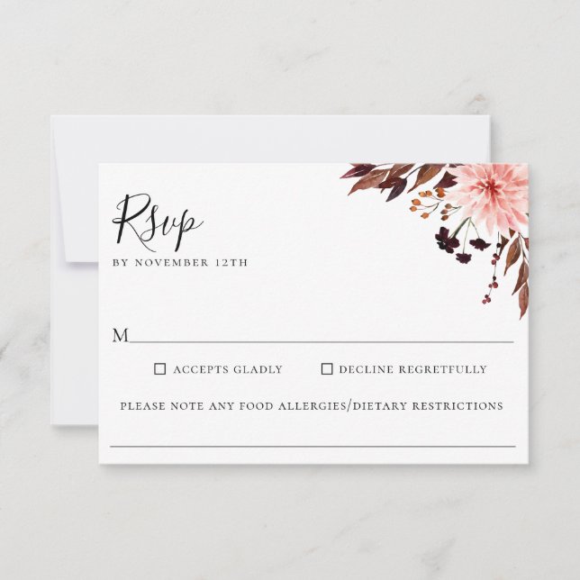 Cartão RSVP Alergia à Comida de Casamento Floral Rustic Autumn (Frente)