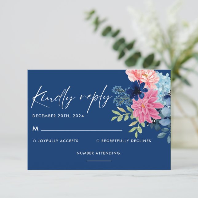 Cartão RSVP Algo azul antes de eu fazer o casamento floral (Em pé/Frente)