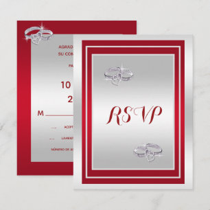 Cartão RSVP Alianças de Casamento Elegantes de Prata e Vermelh