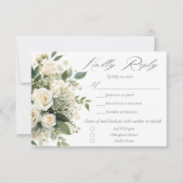 Cartão RSVP All White Hydrangeas Roses Elegant Floral Wedding