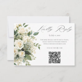 Cartão RSVP All White Hydrangeas Roses Wedding Website QR Code