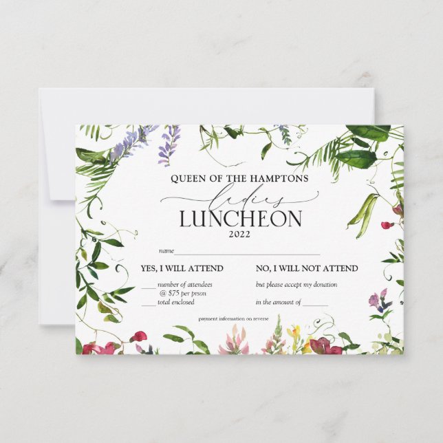 Cartão RSVP Almoço de Caridade de Flor Selvagem Elegante (Frente)