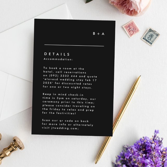 Cartão RSVP Alojamento Simples de Monograma Branco Preto (Criador carregado)