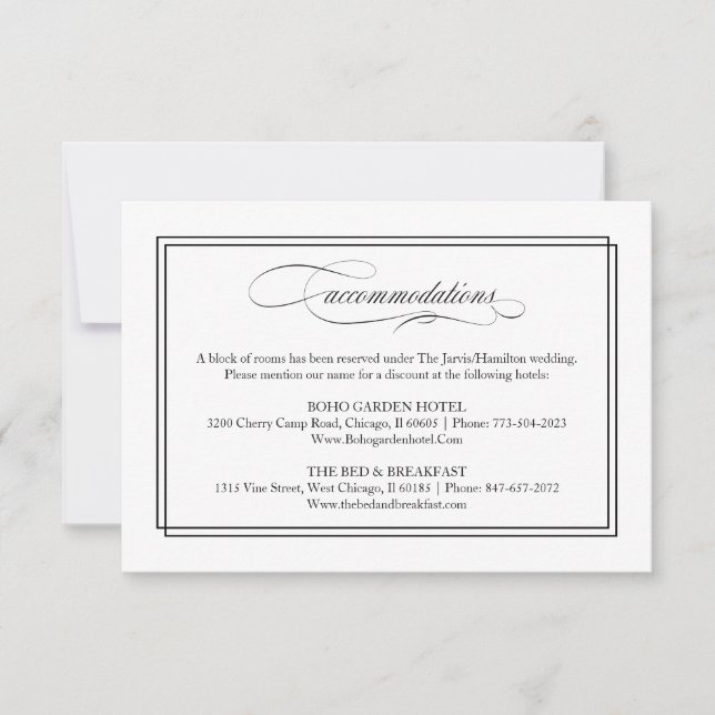 Cartão RSVP Alojamentos de Casamento Elegante de Script Negro (Frente)
