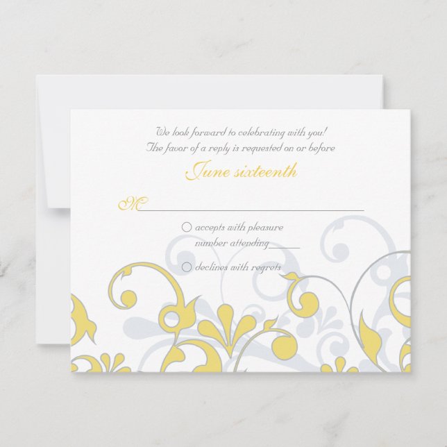Cartão RSVP Amarelo Cinza Branco Floral Abstrato Casamento RSV (Frente)