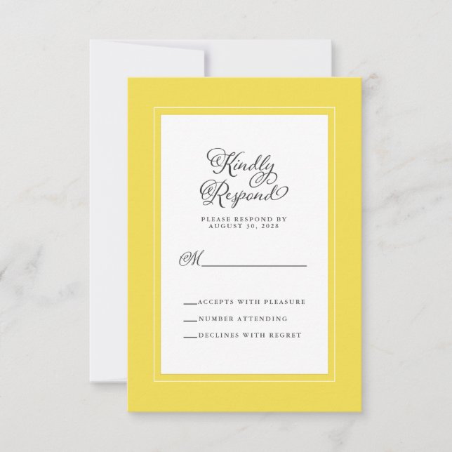 Cartão RSVP Amarelo e Branco | Gabinete de Casamento Elegante (Frente)