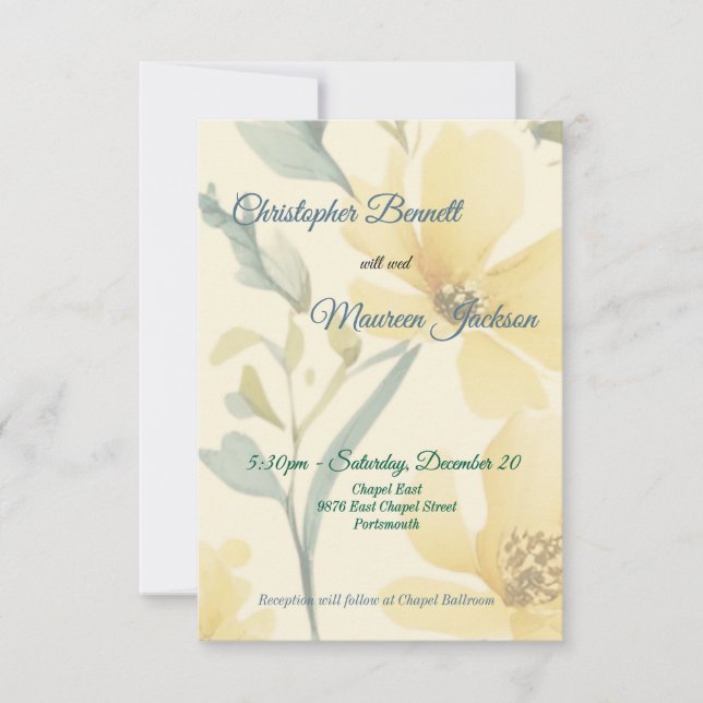 Cartão RSVP Amarelo-Manteiga Azul-Pálido Aquarela Floral (Frente)