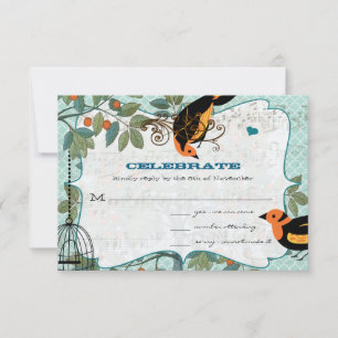 Cartão RSVP Amarelo Tangerina & Preto Deco Inspirado em Aves