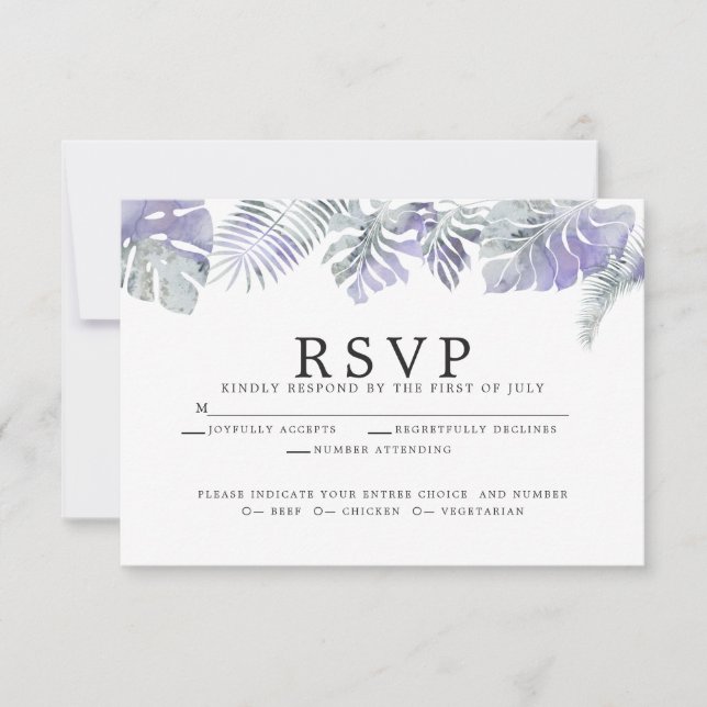 Cartão RSVP Ametyst Plum Watercolor Folaves Tropicais (Frente)