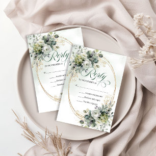 Cartão RSVP Amor Atemporal Verde e Dourado Botânico Casamento