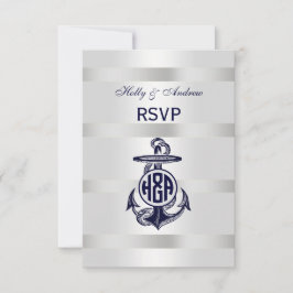Cartão RSVP Âncora Azul Prata Branco Marinho Círculo Monograma