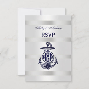 Cartão RSVP Âncora Azul Prata Branco Marinho Círculo Monograma