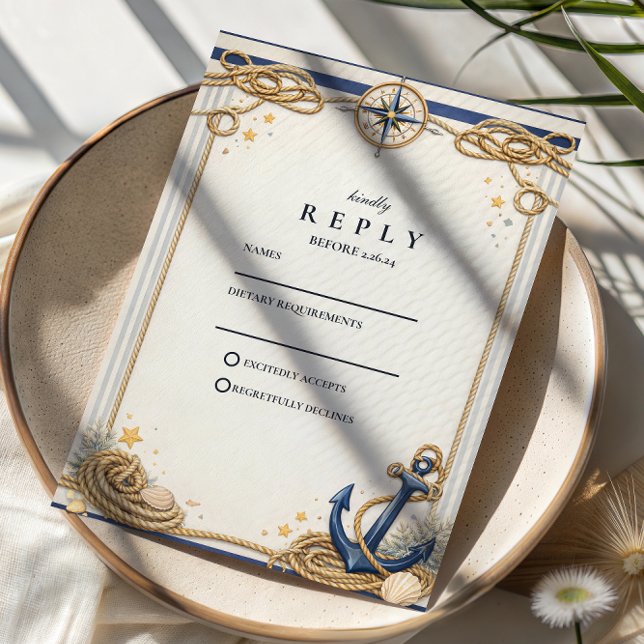 Cartão RSVP Âncora de Bússola Náutica Casamento (Criador carregado)