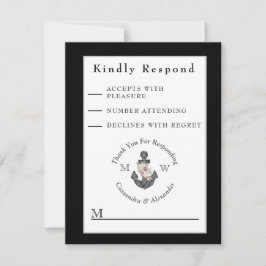 Cartão RSVP Âncora Floral Náutica Preta e Branca