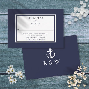 Cartão RSVP Âncora Monograma Azul Marinho Casamento Náutico