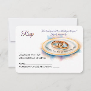 Cartão RSVP Anéis de Casamento de Rosa de Ouro de Aquarela Ele