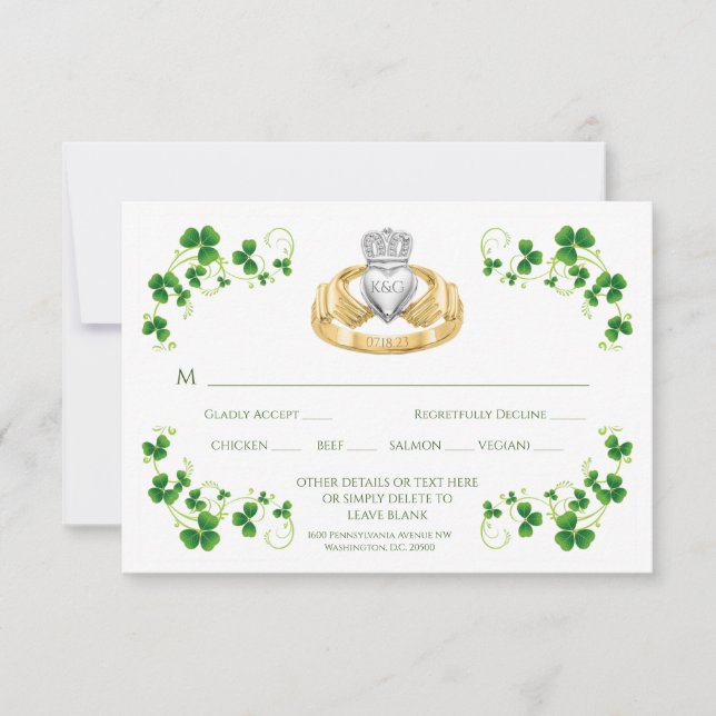 Cartão RSVP Anel Claddagh Irlandês Tradicional e Trevos de Trê (Frente)