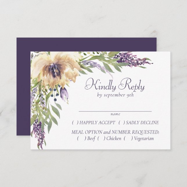 Cartão RSVP Anêmona e Lavanda | Purple Green Cream Entree (Frente/Verso)