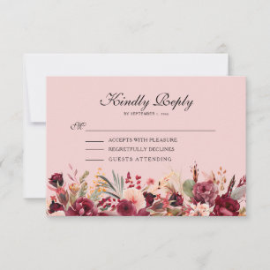 Cartão RSVP Aniversário Brilho Dourado Floral Burgundy Rosa