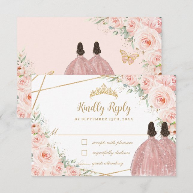 Cartão RSVP Aniversário da Princesa Floral Quinceañera Gêmeas  (Frente/Verso)