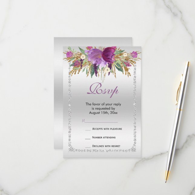 Cartão RSVP Aniversário das Flores de Aquarela Clássica com Lí (Frente/Verso In Situ)