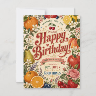 Cartão RSVP Aniversário de Fruta Retro, Saudação Floral Colori