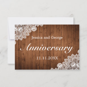 Cartão RSVP Aniversário do Casamento Rustic Wood & White Lace