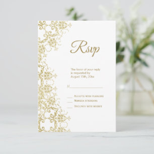 Cartão RSVP Aniversário do Damask Dourado Clássico