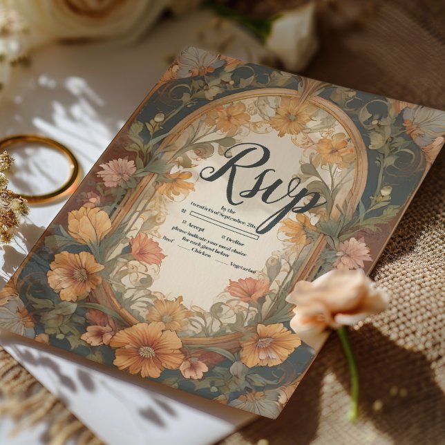 Cartão RSVP Antique Arte Floral Nouveau Casamento (Criador carregado)