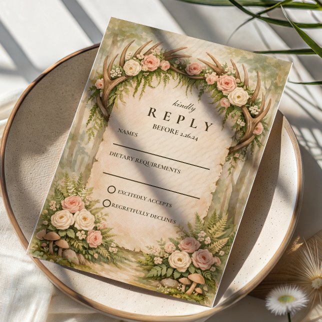 Cartão RSVP Antler Botanical Rustic Wedding (Criador carregado)