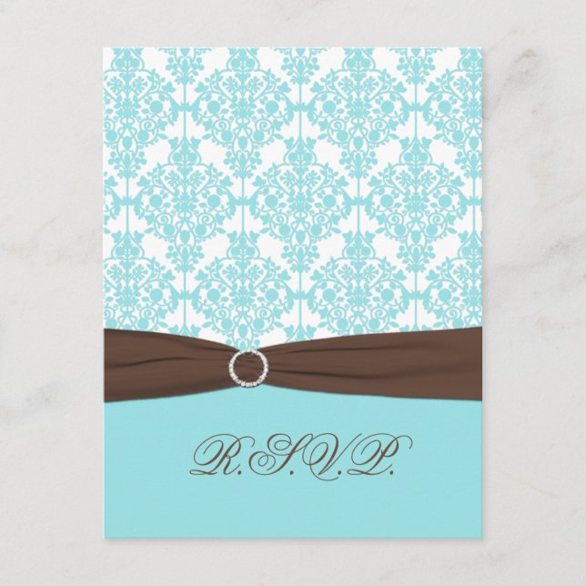 Cartão RSVP Aqua Blue, Damasco Branco com Fita Marrom FAUX (Frente)
