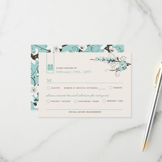 Cartão RSVP Aqua Cherry Blossoms Sakura Nadou Casamento Asiáti (Frente/Verso In Situ)